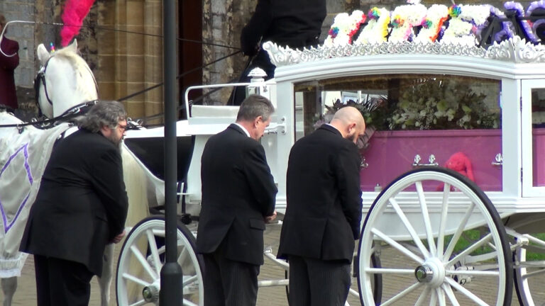 White horses dressed as unicorns and pink coffin at Katie farewell